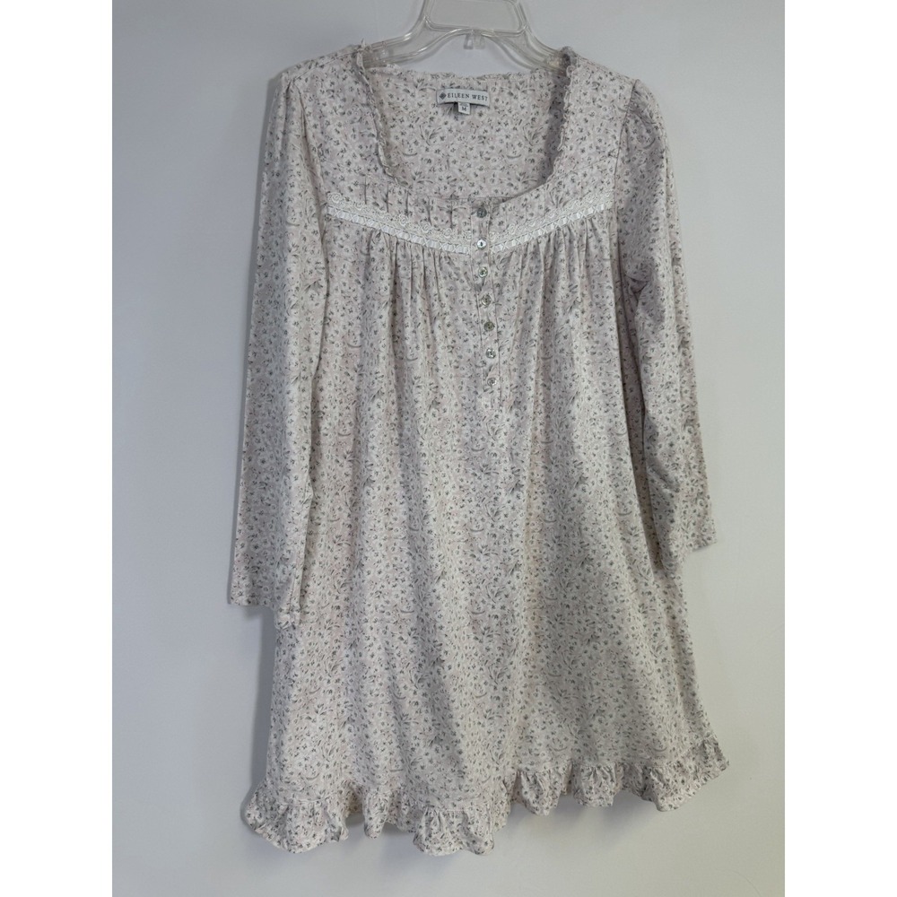 Eileen West VTG Style Lace Trim  Nightgown Size M Cottagecore Cozy‎ Long Sleeve